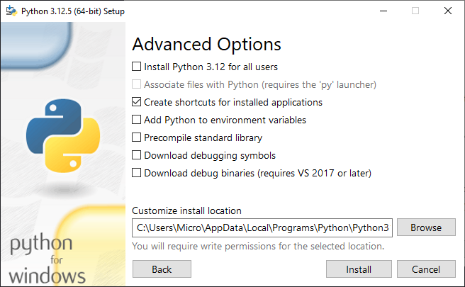 The "Advanced options" panel within the installer