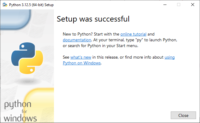 Python installed successfully