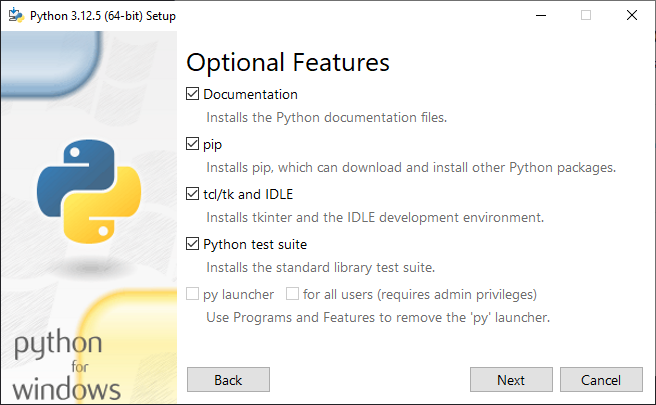 The "Optional features" panel within the installer