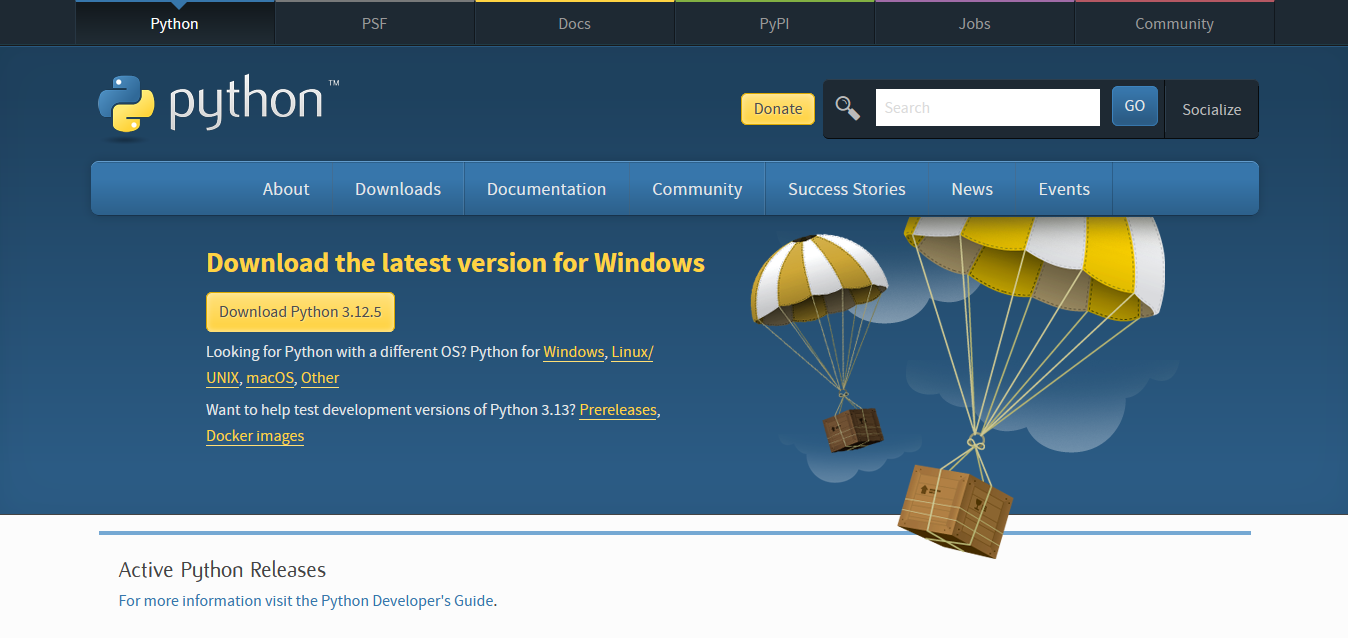 The downloads page for Python on Windows