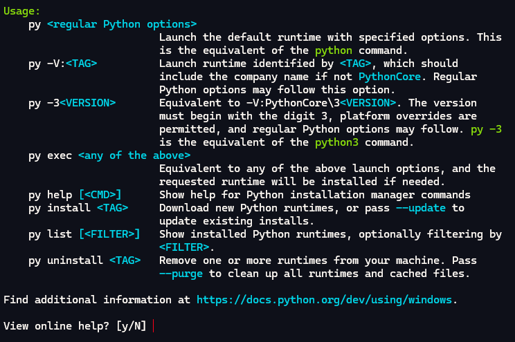 The Python Install Manager help options shown after installation