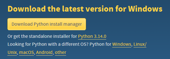 The Python downloads page with a "Download Python install manager" button